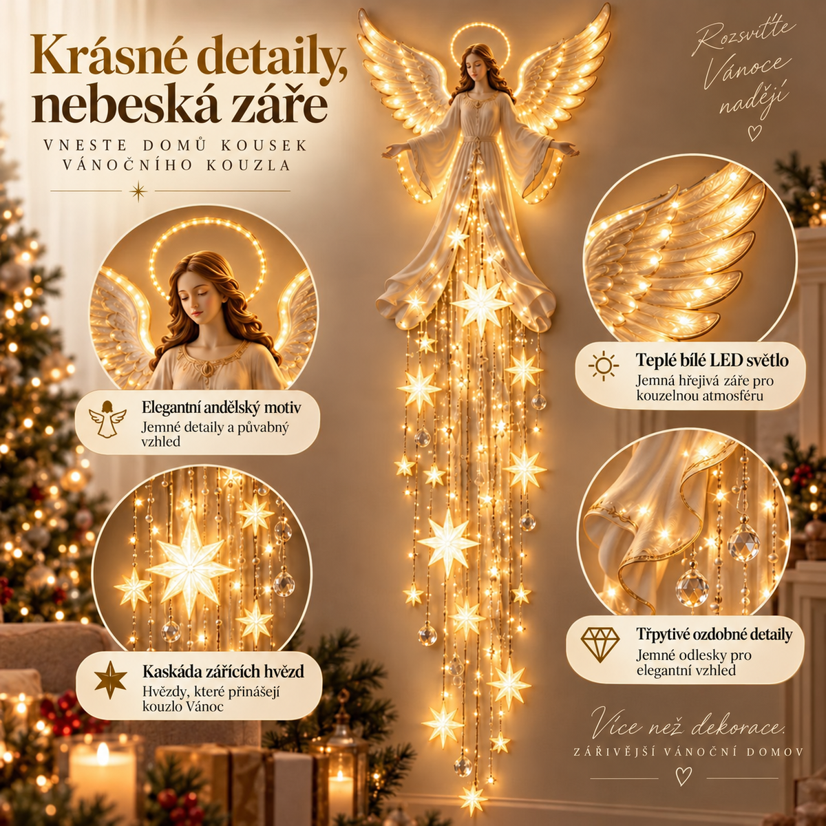 Andělské požehnání – nástěnná světelná dekorace s kaskádou hvězd