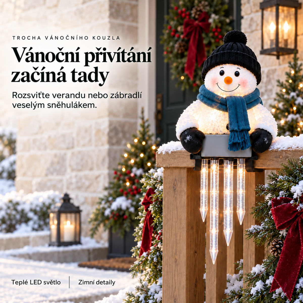 WinterGlow — svítící sněhulák s rampouchy na zábradlí