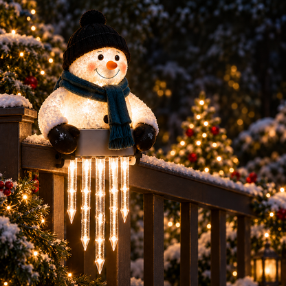 WinterGlow — svítící sněhulák s rampouchy na zábradlí
