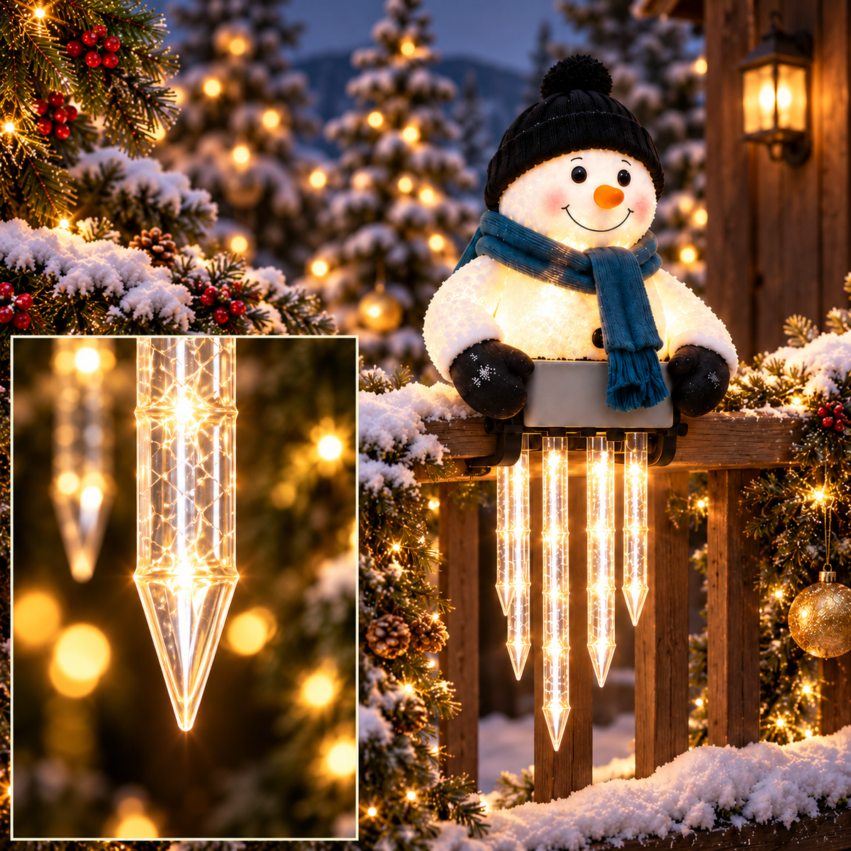 WinterGlow — svítící sněhulák s rampouchy na zábradlí