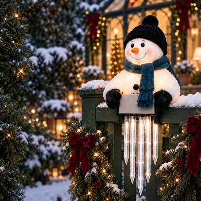 WinterGlow — svítící sněhulák s rampouchy na zábradlí