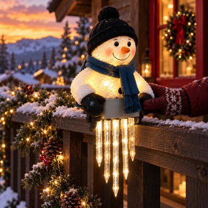 WinterGlow — svítící sněhulák s rampouchy na zábradlí